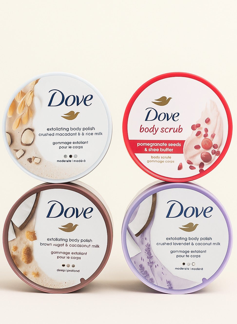 Dove Body Scrub & Polish Set of 4 – Crushed Macadamia & Rice Milk, Pomegranate Seeds & Shea Butter, Brown Sugar & Coconut Butter, Crushed Lavender & Coconut Milk – 298g x 4