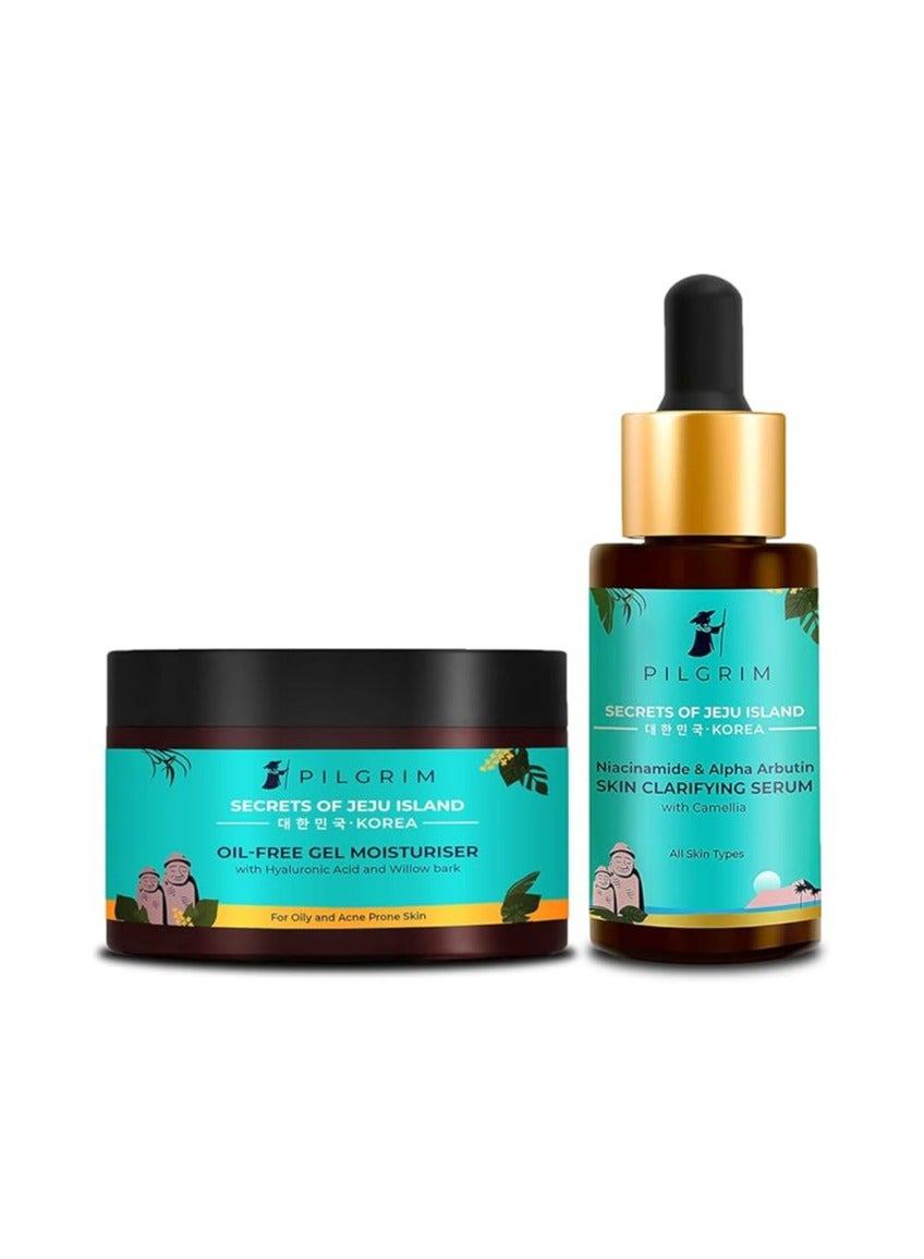 Pilgrim Acne & Pimple Removal Combo | Oil-Free Gel Moisturizer 50gm, Alpha Arbutin & Vitamin C Brightening Serum 30ml | For Clear & Blemish-Free Skin | All Skin Types | Korean Care Products