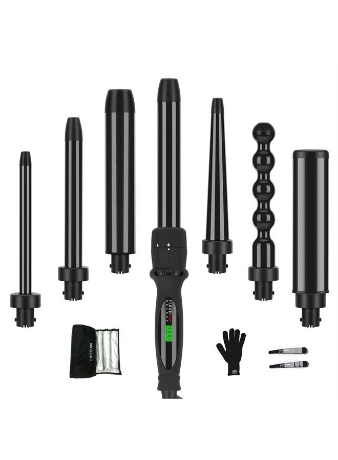 Curling Iron,PARWIN PRO BEAUTY 7 in 1 Curling Wand Set with 7 Interchangeable Barrels and Heat Protective Glove Auto Shut Off Dual Voltage