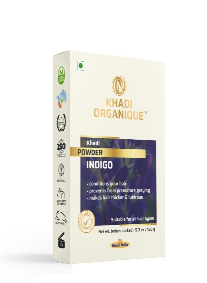 Khadi Organique  Indigo Powder 150g - Herbal Hair Colour | Hides grey hair| Prevents hair thinning | Free From Harsh Chemicals | Suitable for All Hair Types