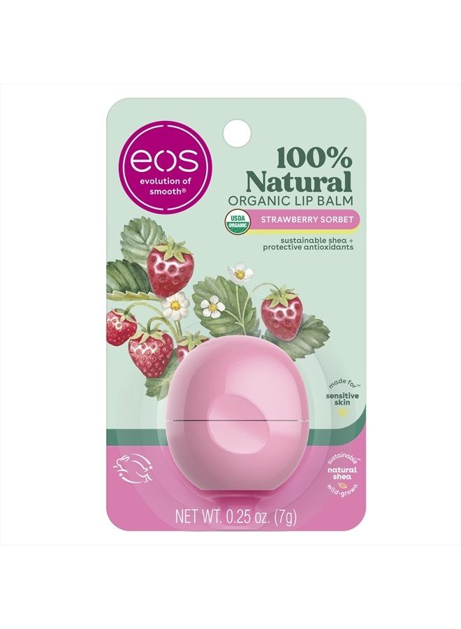 100% Natural & Organic Lip Balm- Strawberry Sorbet, All-Day Moisture, Dermatologist Recommended for Sensitive Skin, Lip Care Products, 0.25 oz
