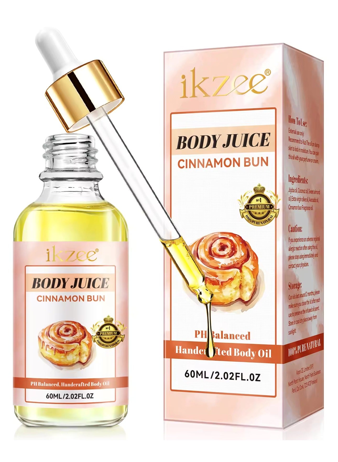 60ml Body Juice Oil Cinnamon Bun Hand Crafted Body Oil for Women Nourishing Hydrating & Moisturizing for All Skin Types with Natural Oils 100% Pure Natural Essence Body Juice Oil