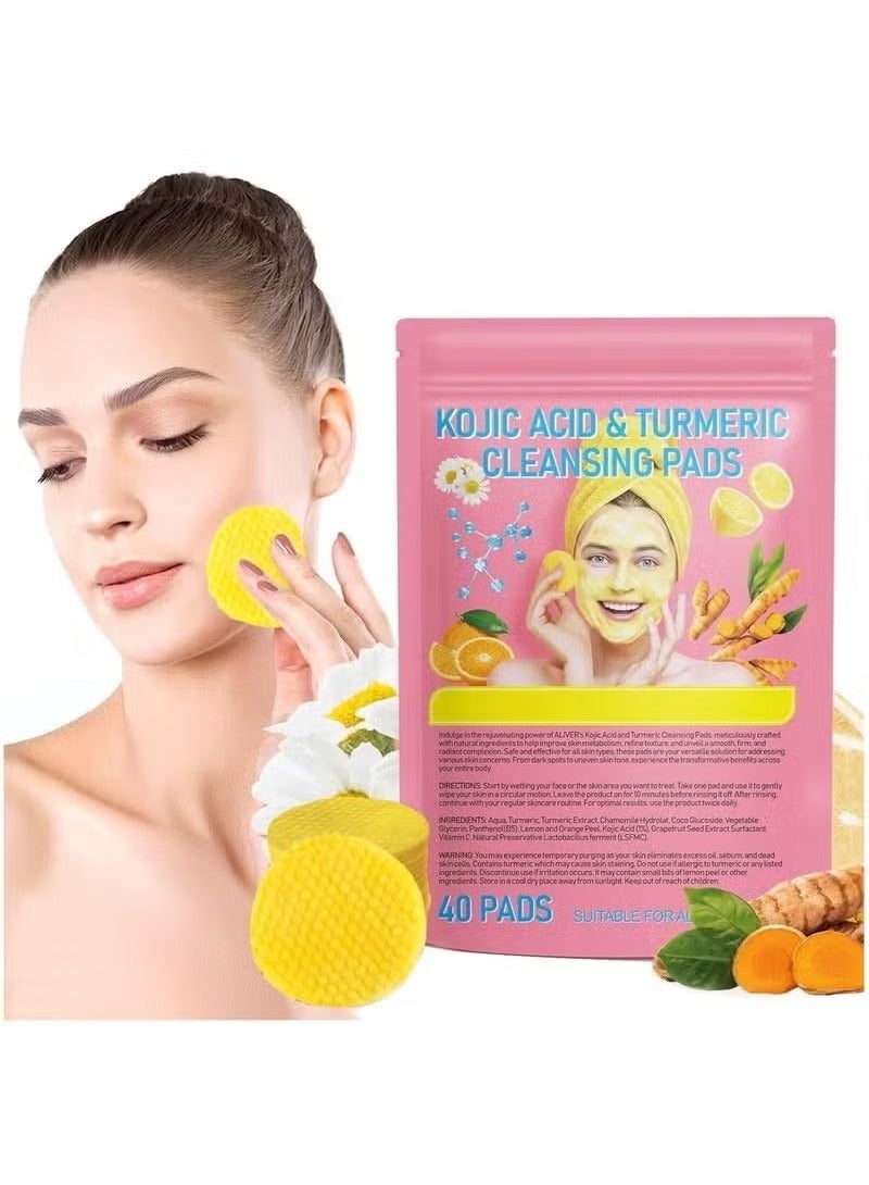 40Pcs Kojic Acid & Turmeric Cleansing Pads For Dark Spots | Turmeric Kojic Acid Cleansing Pads Helps Balance Skin Oil & Water, Fade Spot, Remove Excess Keratin, Clean oil Refines Pores