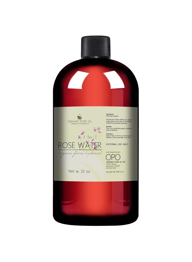 32 oz Rose Hydrosol Water – 100% Pure Rosewater Spray Mist Bulk – Hydrating Face Toner Rose Water for Skin and Hair Linen Spray for Sheets Room Freshener Body Spray Refill by Organic Pure Oil