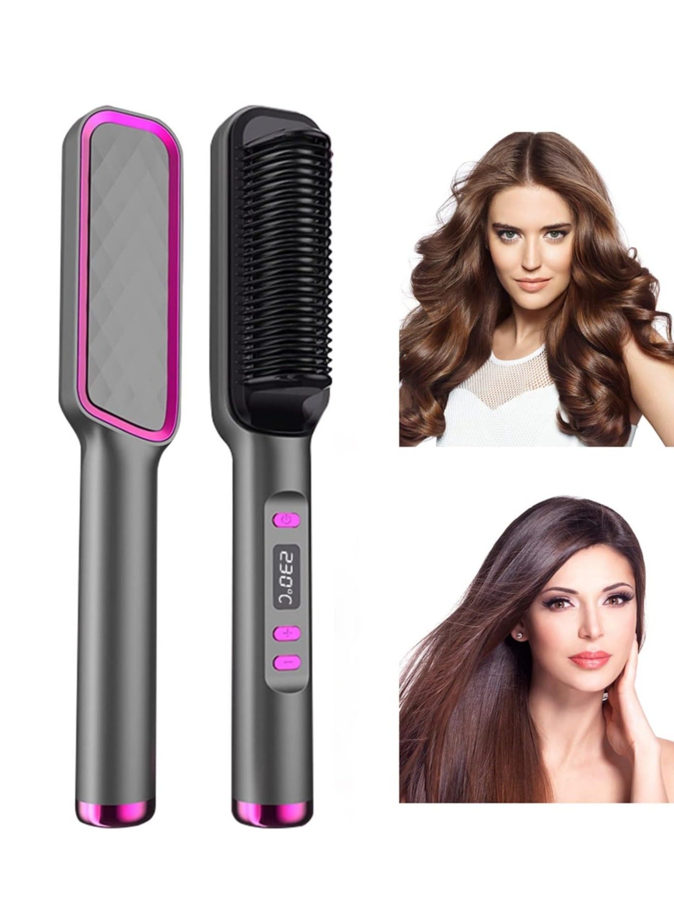 Hair Straightener Brush, Built-in Comb Negative Lon Brush with LCD Display Screen, with Anti-Scald Feature, Free Temperature Regulation & Auto-Off Function