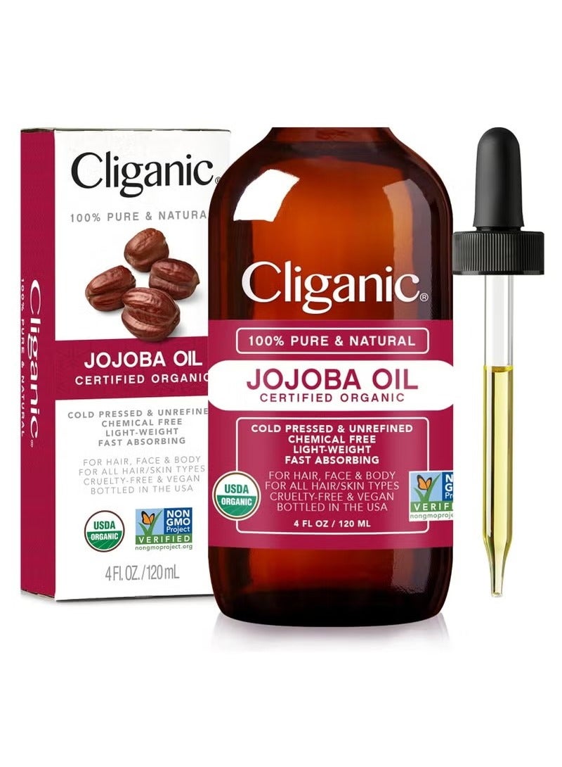 Organic Jojoba Oil, 100% Pure (4oz), Moisturizing Oil for Face, Hair, Skin & Nails, Natural Cold Pressed Hexane Free, Base Carrier Oil, 120ML