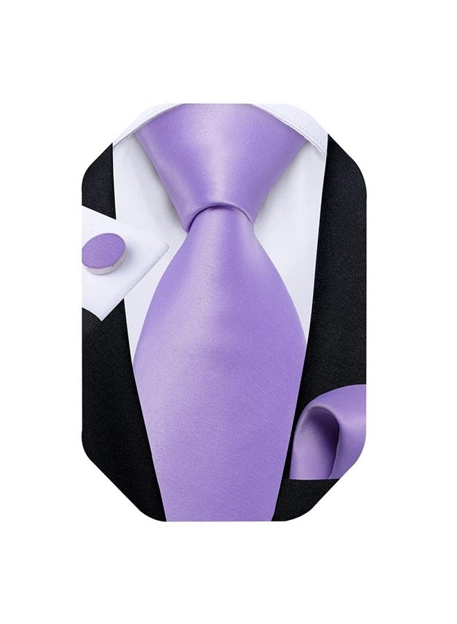Mens Lavender Purple Ties for Men Wedding Party Classic Solid Violet Necktie and Pocket Square Cufflinks Set