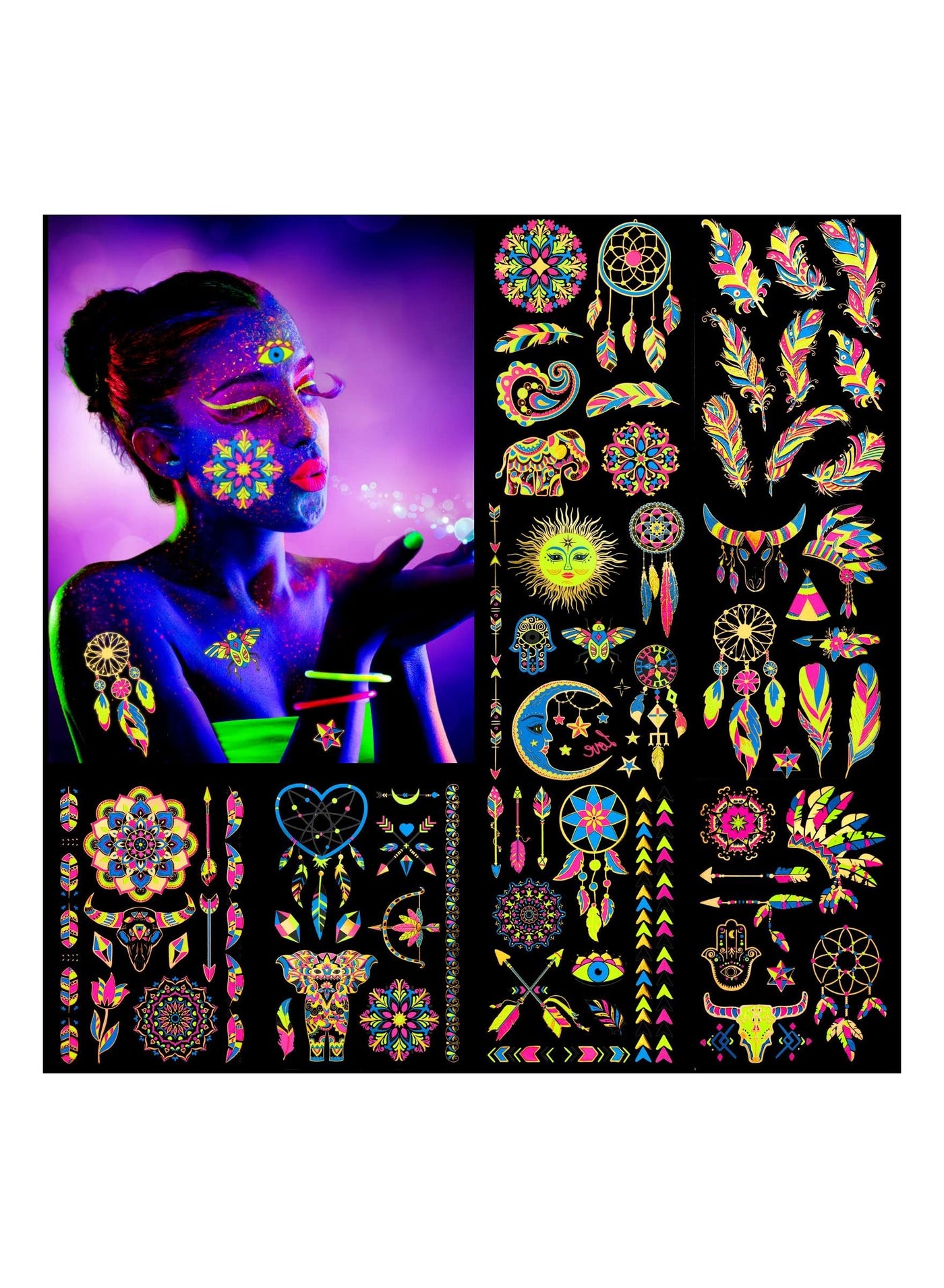 8 Large Neon Glow in The Dark Metallic Gold Temporary Tattoos, Assorted Designs Glow UV Neon Metallic Peacock Feather Mandala Flower Fake Waterproof Tattoo Stickers for Women Men Girls Body Art