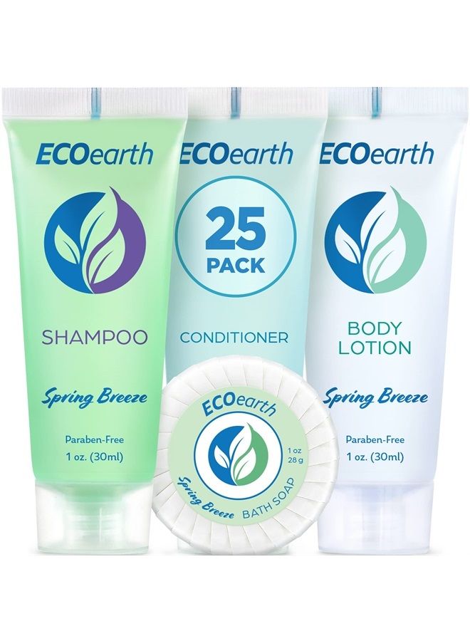 Hotel Toiletries Bundle (Spring Breeze, 1 oz each, 100 Pieces) 4-Piece Set: 25 Round Bar Soap, 25 Shampoo, 25 Conditioner & 25 Body Lotion - Bulk Mini Guest Amenities