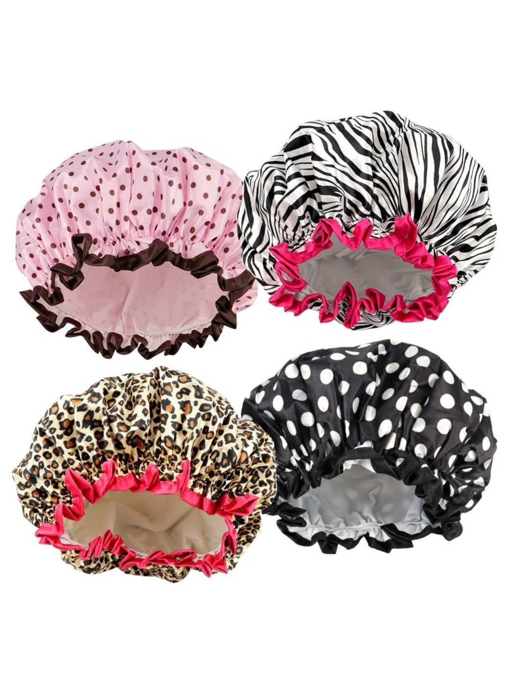 4 Pack Double Waterproof Shower Caps for Women - Elastic & Reusable Bathing Hats