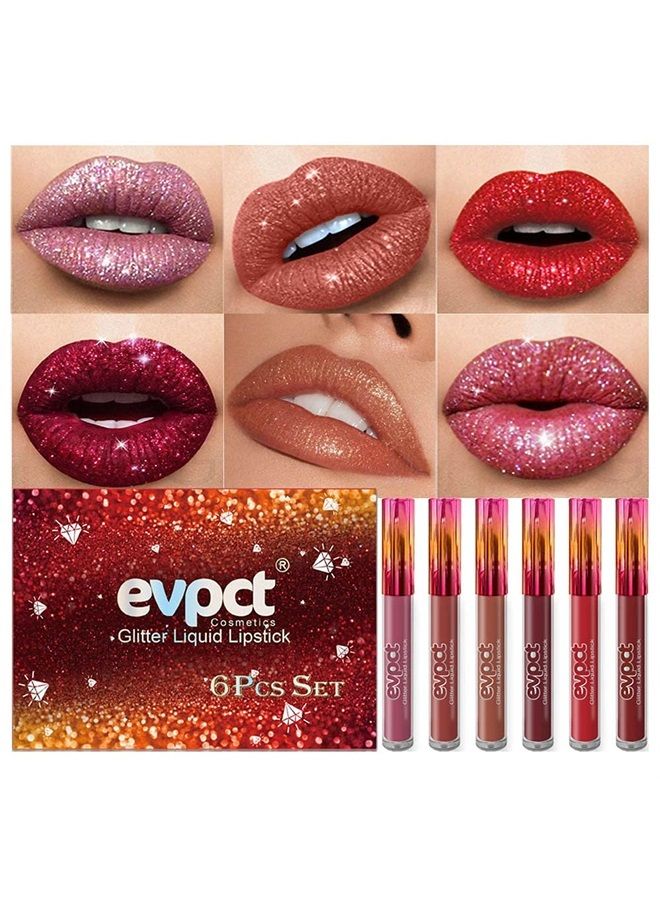 6Pcs Matte to Glitter Liquid Lipstick Long Lasting Lip Set Kit,6 Color Diamond Shiny Dark Red Pink Purple Glitter Sparkly Glossy Metallic Shimmer Sparkle Waterproof Lipstick Lip Gloss for Women