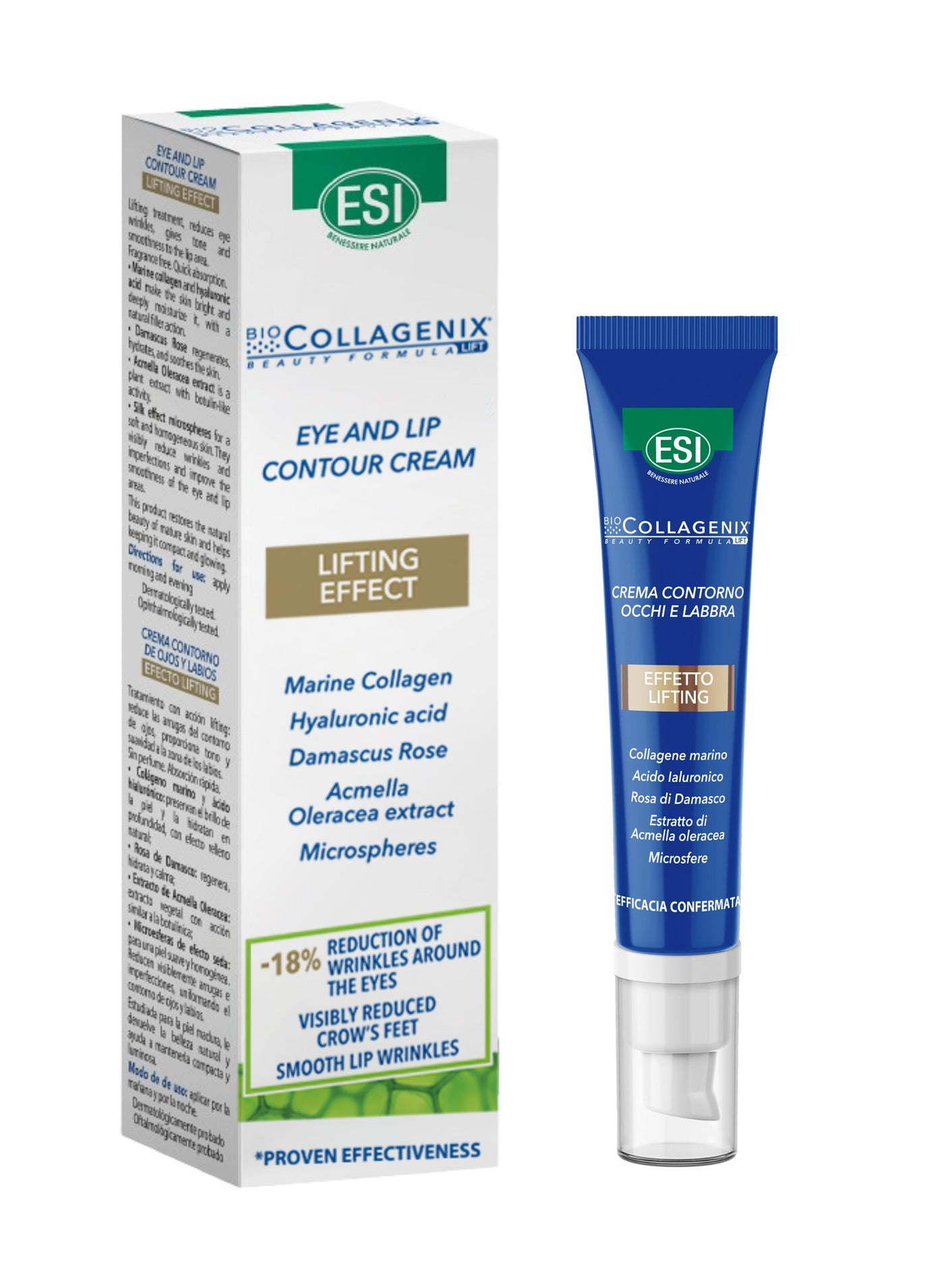 Eyes & Lips Contour Cream, 15ml with Damascus Rose, Marine Collagen & Hyaluronic Acid - Reduces Wrinkles, Firms & Smooths Skin, Hydrates & Restores, Fragrance-Free, Quick Absorption, Filler Effect, Improves Skin Tone