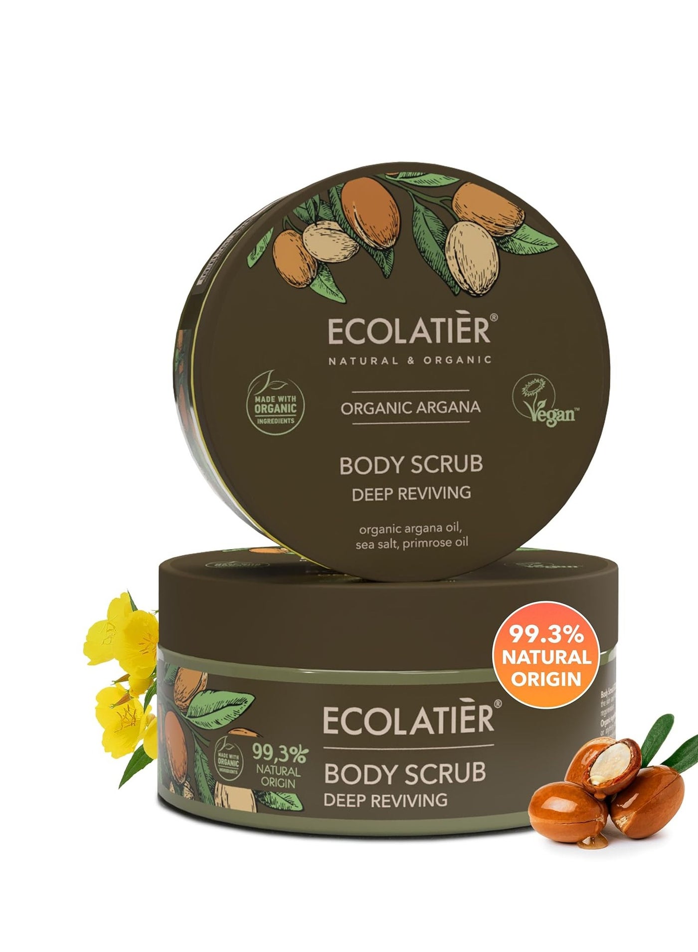 Body Scrub with Organic Argan Oil – Deep Reviving Salt Exfoliating Body Scrub for Women & Men, 99.3% Natural, Vegan, Gentle Hydrating Scrub for Smooth Skin, 8.5 Fl Oz - ECOLATIER