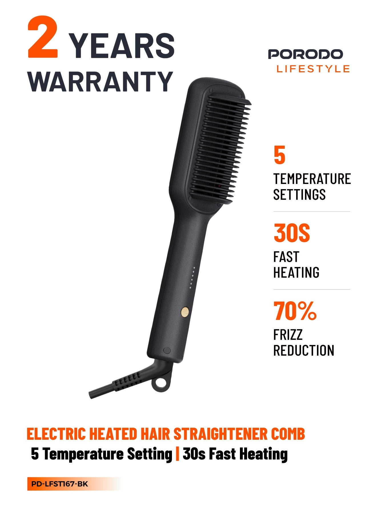 Electric Heated Hair Straightener Comb with 5 Temperature Setting & 30s Fast Heating / Hair Dryer & Hairbrush / Anti Frizz / Anti Scald Teeth Comb / Perfect for Salon and at Home Styling - Black