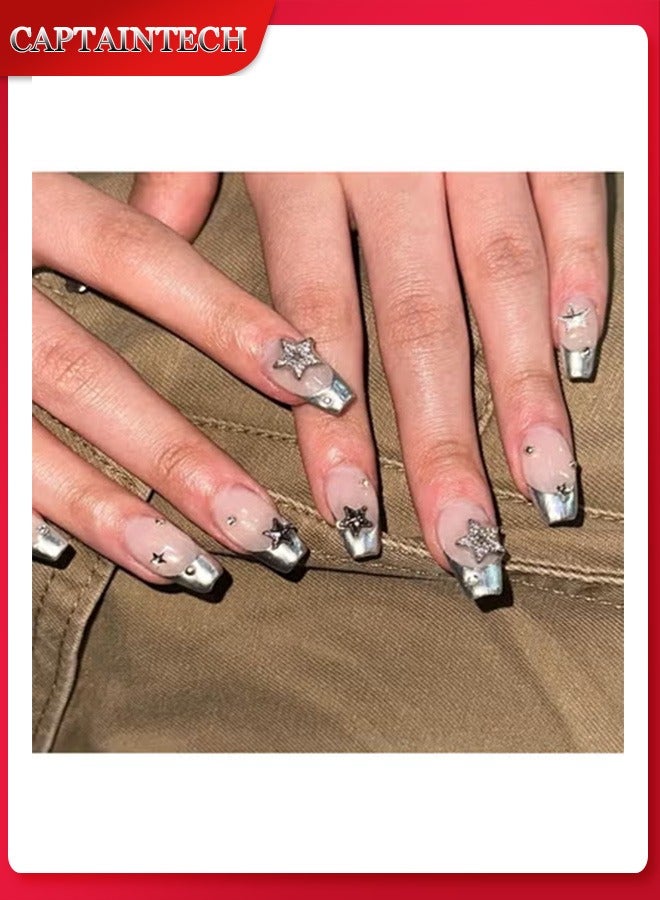 Multicolor Ballet Coffin French Fake Nails,Almond Shaped Artificial Nails,24Pcs,Fake Acrylic Nails With Glue Kit.