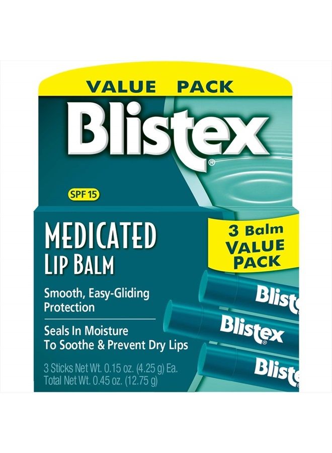 Medicated Lip Balm, 0.15 Ounce, 3 Count (Pack of 1) Prevent Dryness & Chapping, SPF 15 Sun Protection, Seals in Moisture, Hydrating Lip Balm, Easy Glide Formula for Full Coverage