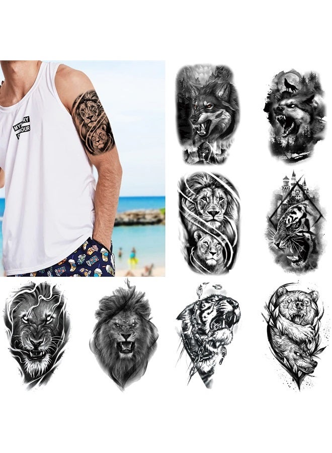 Glaryyears Beast Temporary Tattoo for Men Women Adults, 18-Pack Large Black Fake Tattoos Stickers, Long-lasting Realistic Tattoos for Body Arm Leg, Animal Design Variety Pack Tiger Lion Wolf