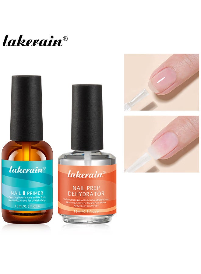 15ML Gel Nail Polish Nail Dehydrator And Primer, 2PCS Acid Free Natural Nail Prep Dehydrate And Bond Primer Nail Bond, Air Dry Superior Bonding Primer For Acrylic Powder Nail Supplies Set