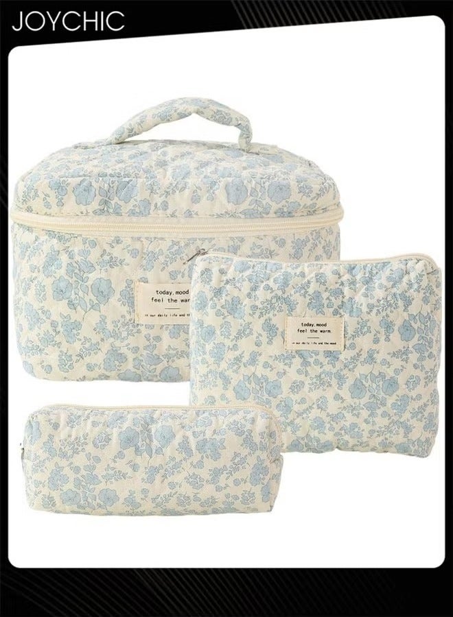 3 Piece Large Capacity Travel Cosmetic Bag Cotton Quilted Makeup Bag Flower Pattern Makeup Bag Floral Toiletry Bag for Women