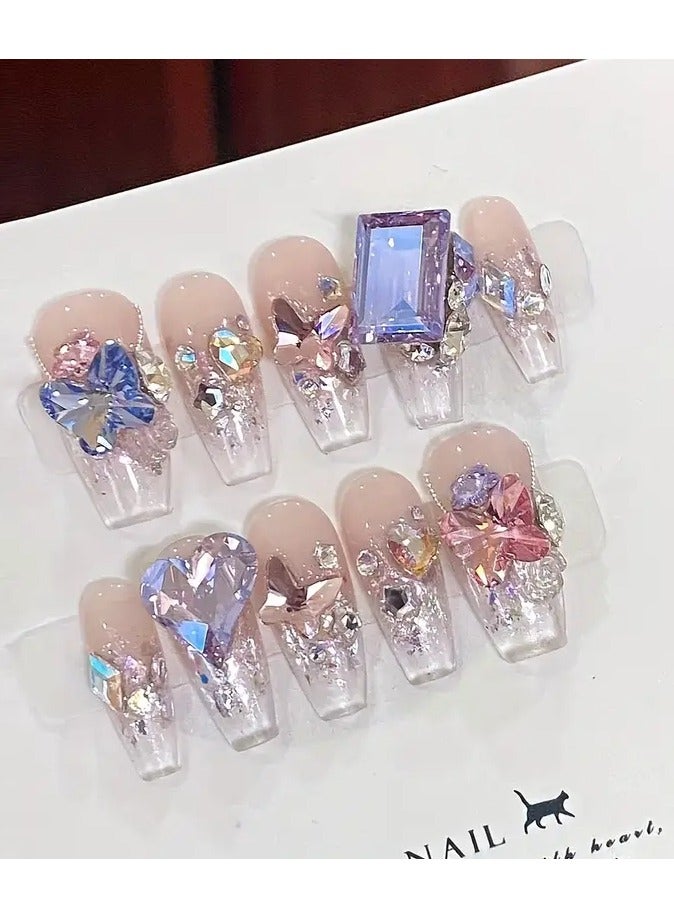 10-Piece Set of Luxurious Strobe Finish Long Ballet Shape Heart and Animal Pattern Pink Press-On Nails - Handmade with 3D Glitter Love Butterfly Accents, Sparkling Rhinestones, and Fantasy Butterfly Design - Perfect for Women and Girls, Great Gift Idea - M