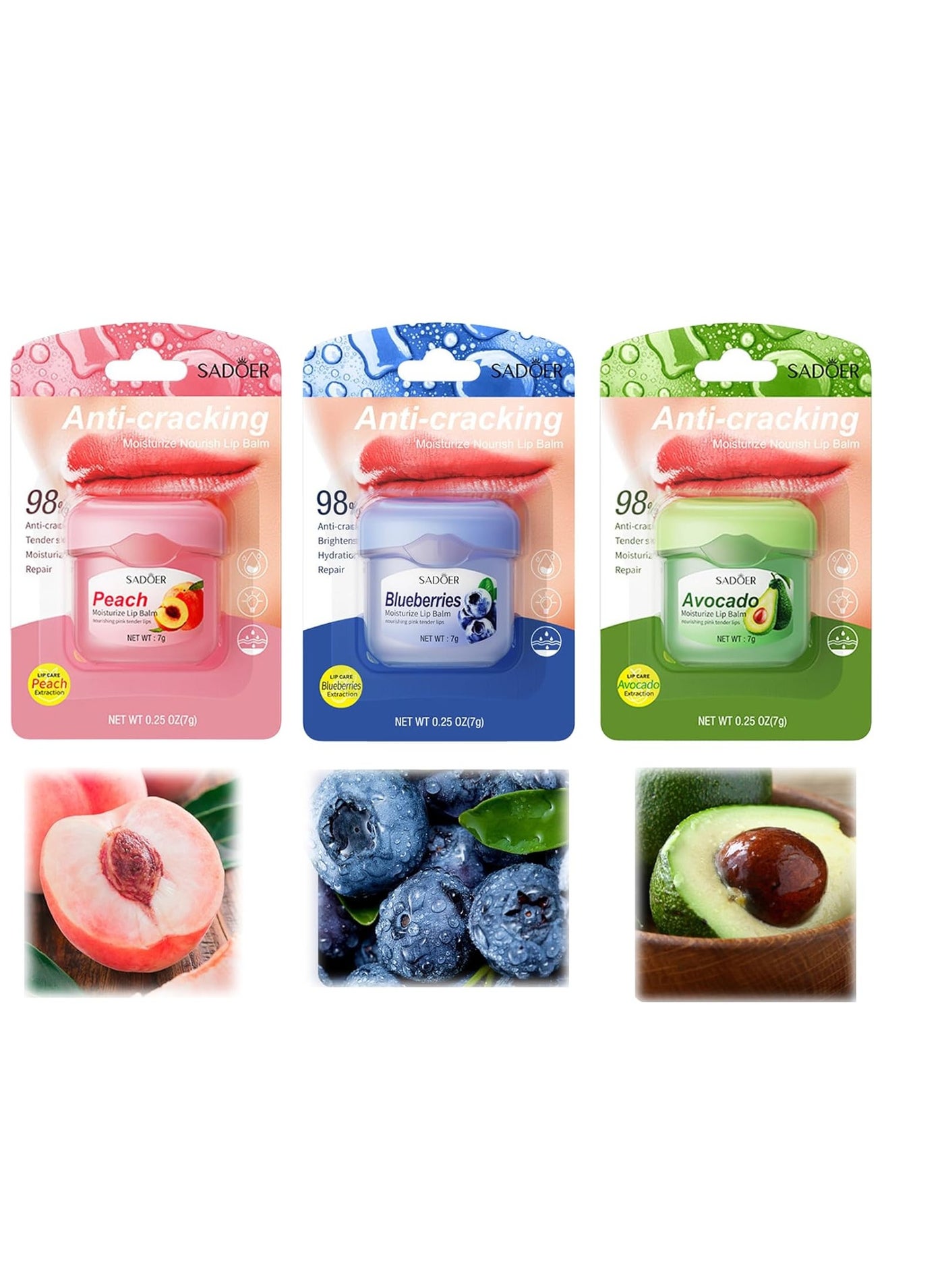 Lip Blam, Set Moisturizing and Preventing Dryness, Lip Oil for Dry Lips and Chapped Lips, Include Avocados & Peaches & Blueberries flavors（Pack of 3）-Diaro