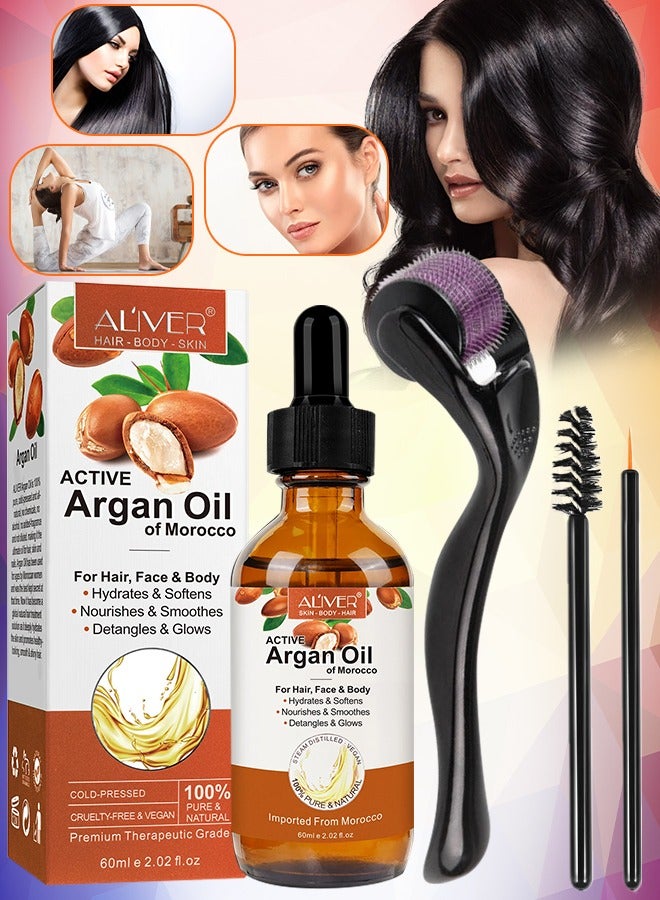 60ml Argan Oil with Roller for Hair Growth Skin Smooth and Glows Nourish the Scalp Promote Hair Growth Anti Breakage Loss 100% Pure and Organic Moroccan Argan Oil for Multipurpose Use