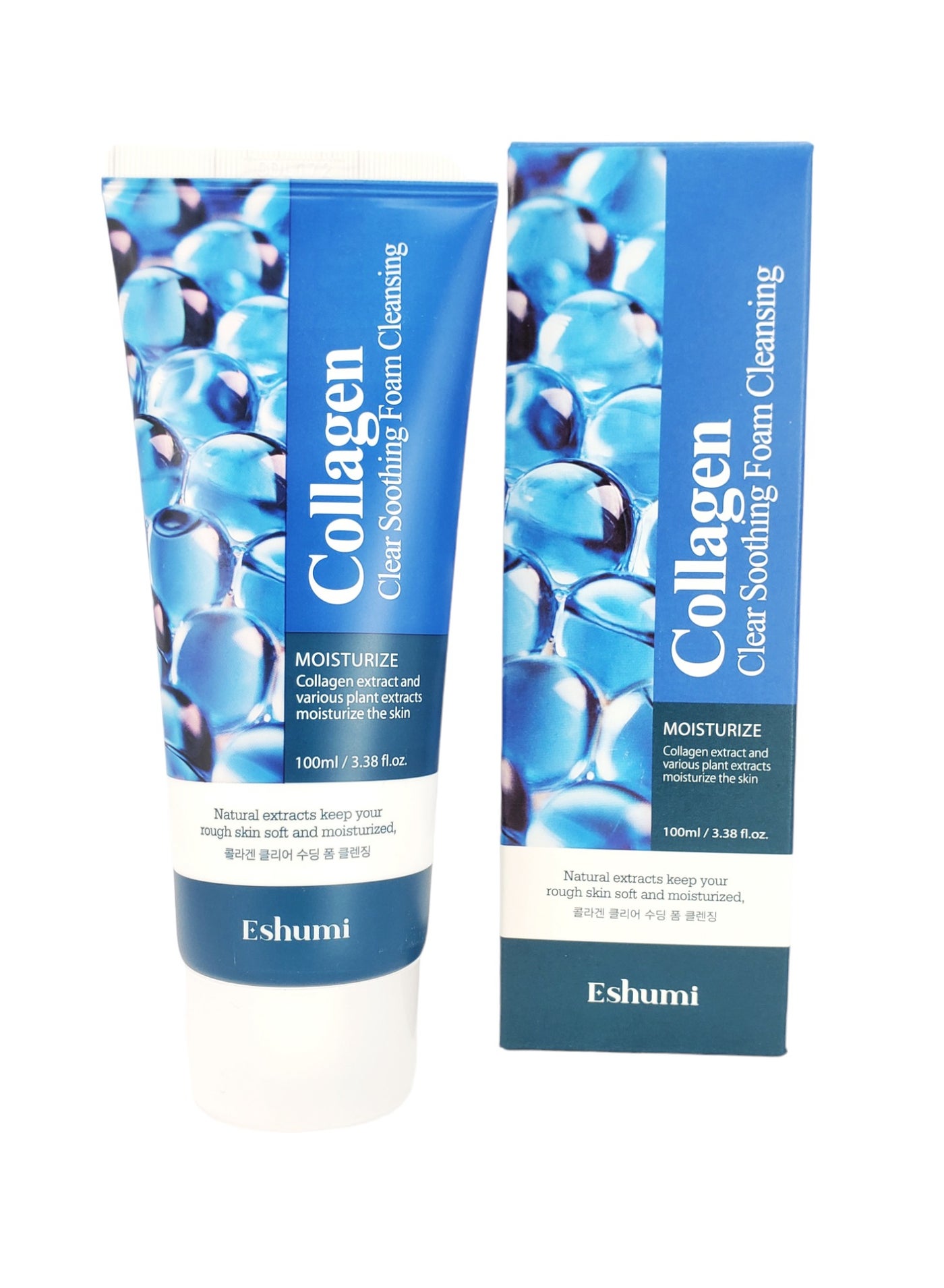 Korean product ESHUMI Collagen Clear Soothing Foam Cleansing" is an innovative product characterized by its collagen-rich formula, which enhances skin hydration and helps in deep and gentle cleansing.