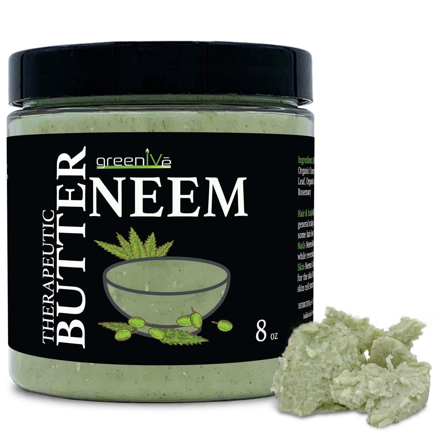 GreenIVe Neem Butter 100% Pure All Natural Body Butter Handcrafted Neem Seed Oil Coconut Oil Kokum Butter Marula Oil Rosemary Leaf Soothing Moisturizing Body Face Lip Hair Scalp Nail Care (8oz)
