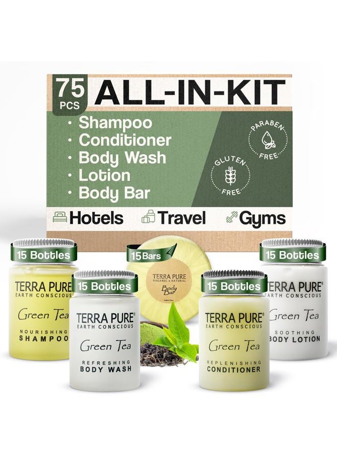 Hotel Soaps and Toiletries Bulk Set | 1-Shoppe All-In-Kit Amenities for Hotels | 1oz Hotel Shampoo & Conditioner, Body Wash, Body Lotion & 1.25oz Bar Soap Travel Size Toiletries | 75 Pieces