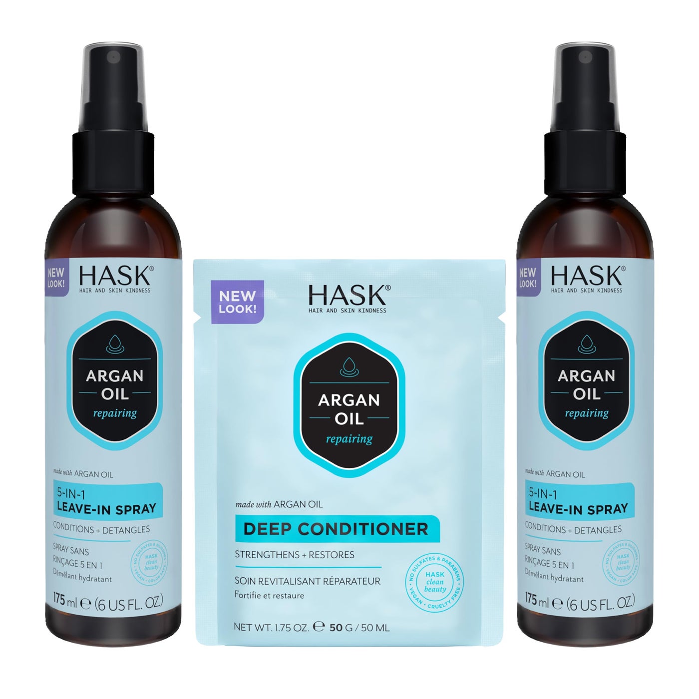 HASK Argan Oil 5-in-1 Leave-In Conditioner Duo (6oz-Qty 2) & Argan Oil Repairing Deep Conditioner Packette, Color Safe, Sulfate-Free, Paraben-Free, Gluten-Free, for All Hair Types