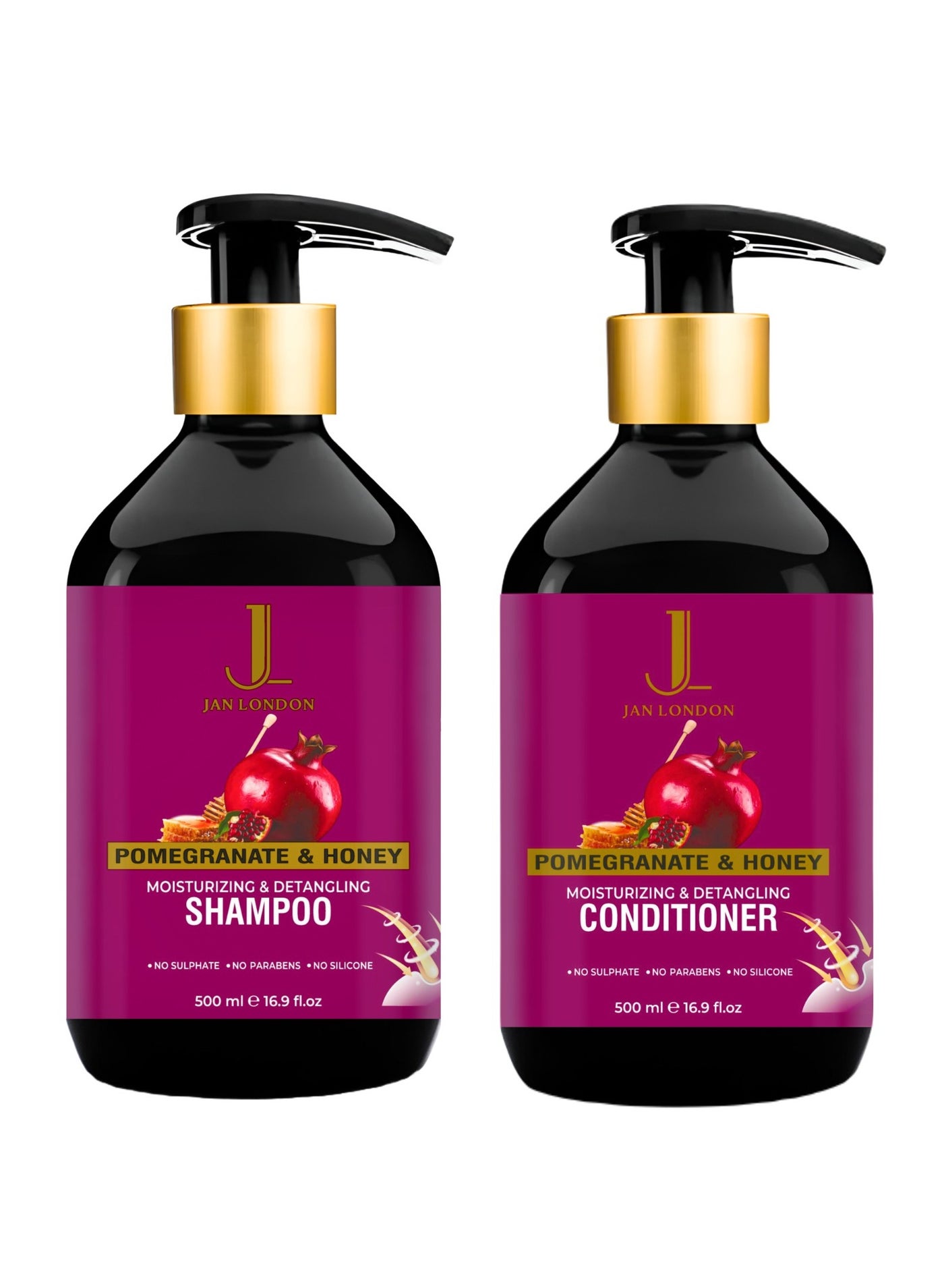 Pomegranate & Honey Moisturizing & Detangling Shampoo & Conditioner Pack, 2x 500ml  Sulfate Free, Paraben Free, Silicone Free, pH Balanced Hydration for Dry & Tangled Hair