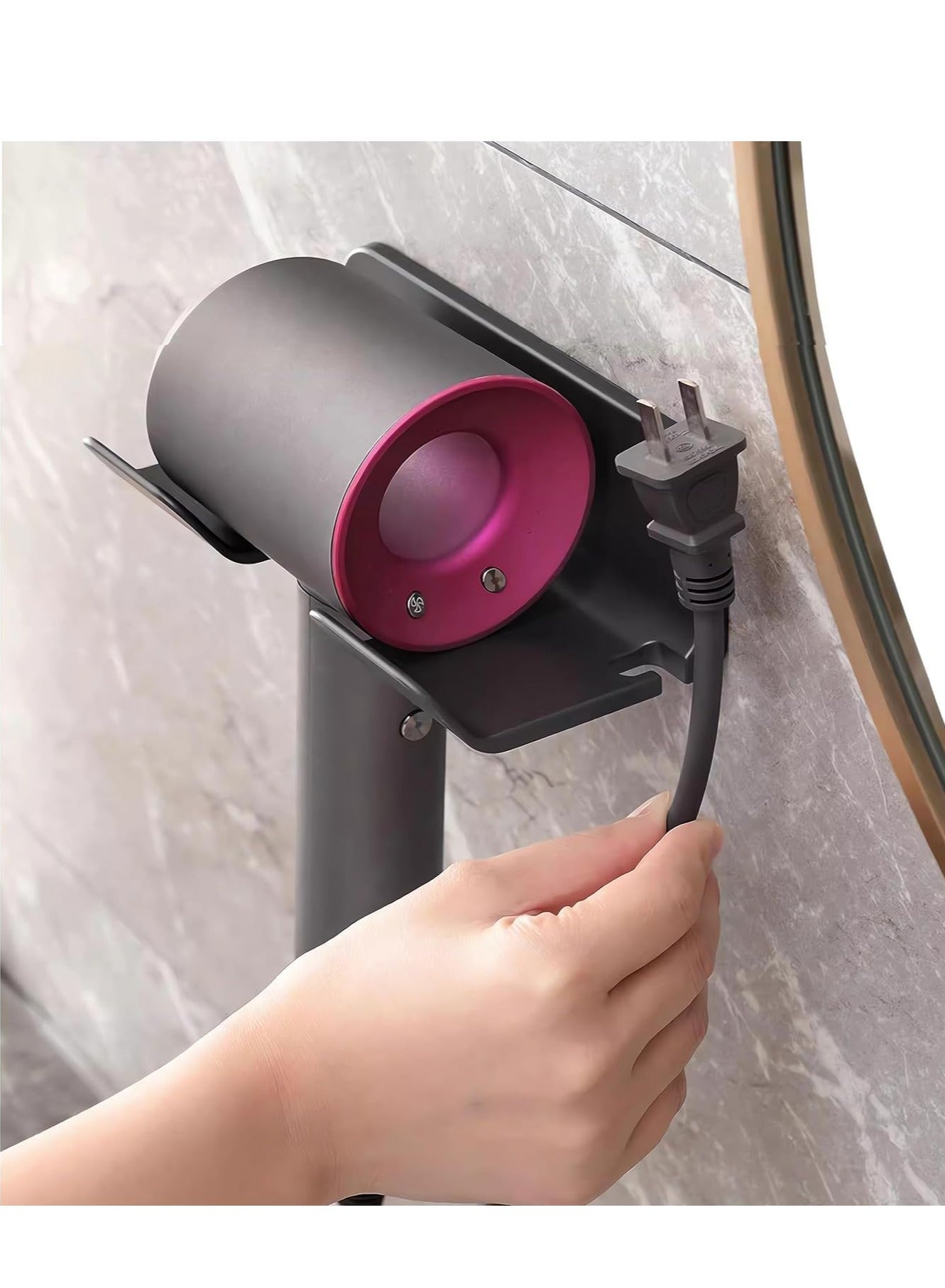 Wall Mount Hair Dryer Holder with Plug & Cord Organizer – Self-Adhesive Blow Dryer Hanger for Bathroom or Bedroom, Black
