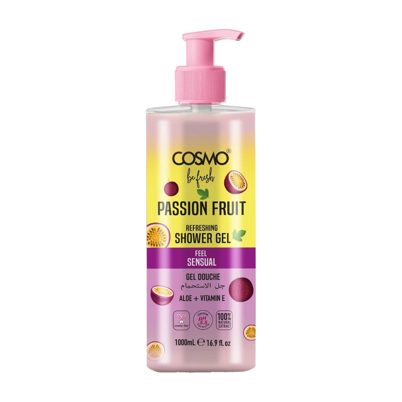 Cosmo Be Fresh Passion Fruit Shower Gel with Aloe & Vitamin E 1000ml, Tropical Daily Body Wash, Hydrating Cleanser, Fruity Aroma for Soft, Feel Sensual, Smooth & Refreshed Skin, For Men & Women