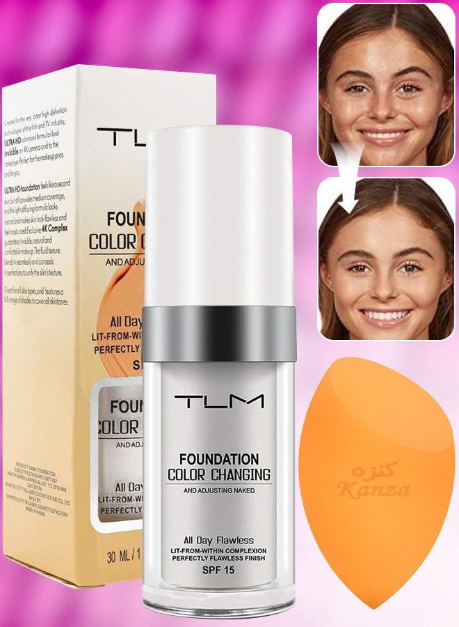 Color Changing Liquid Foundation with Makeup Sponge Oil Control Face Cover Concealer Natural Color Face Primer Base Face Cream Concealer Cover Cream Moisturizing Liquid Foundation 30ml