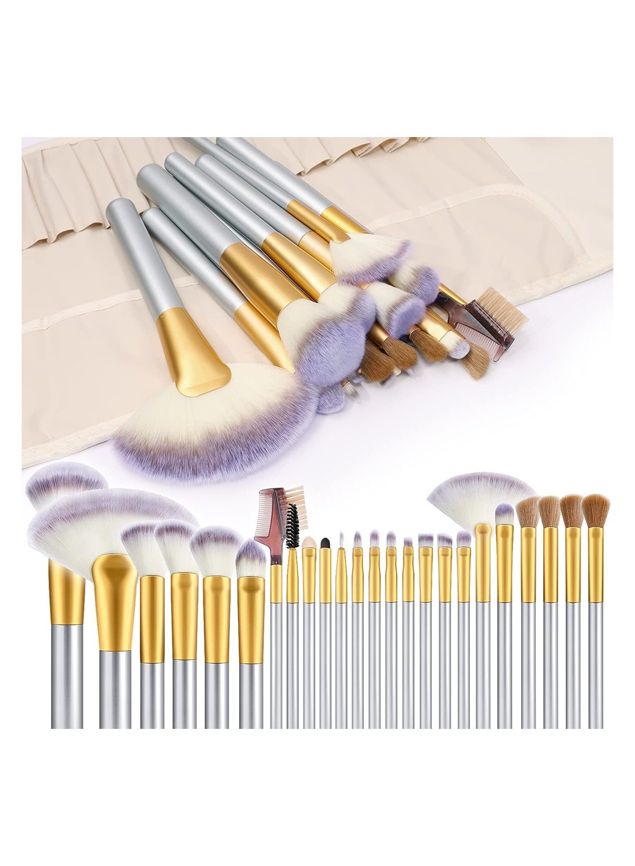 Make up Brushes, Brush Eyeshadow Brush Set, 24pcs Premium Cosmetic Makeup Brush Set for Foundation Blending Blush Concealer Eye Shadow, Travel Makeup bag Included, Champagne (24 Piece Set Large)