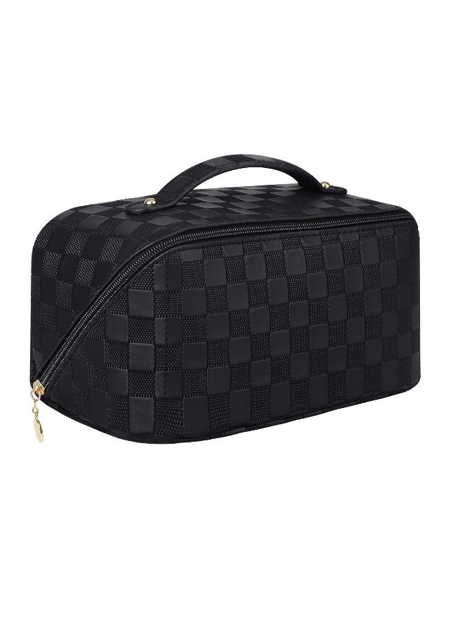Large Capacity Travel Cosmetic Bag Portable Makeup Bags for Women Travel Toiletry Bag Waterproof Leather Checkered Makeup Organizer Bag, Roomy Cosmetic Bag for Women and Girls