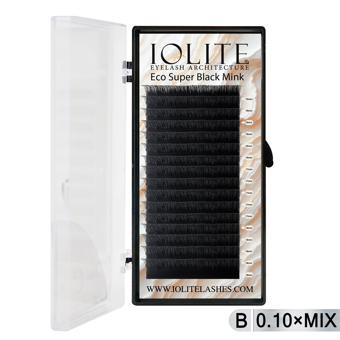 Iolite Super Black Mink Lash Extensions – B Curl 0.10T Mix (6mm–15mm) | Premium Black Mink Eyelash Extension Tray for Lash Artists ISBMB10T