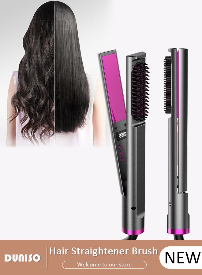 3 in 1 Ion Hair Straightener, Hair Straightener Comb with LCD Temperature Display for Straightening Curling Hair, Hair Straightener Brush with 5 Temp Settings and Anti-Scald for All Hair Types