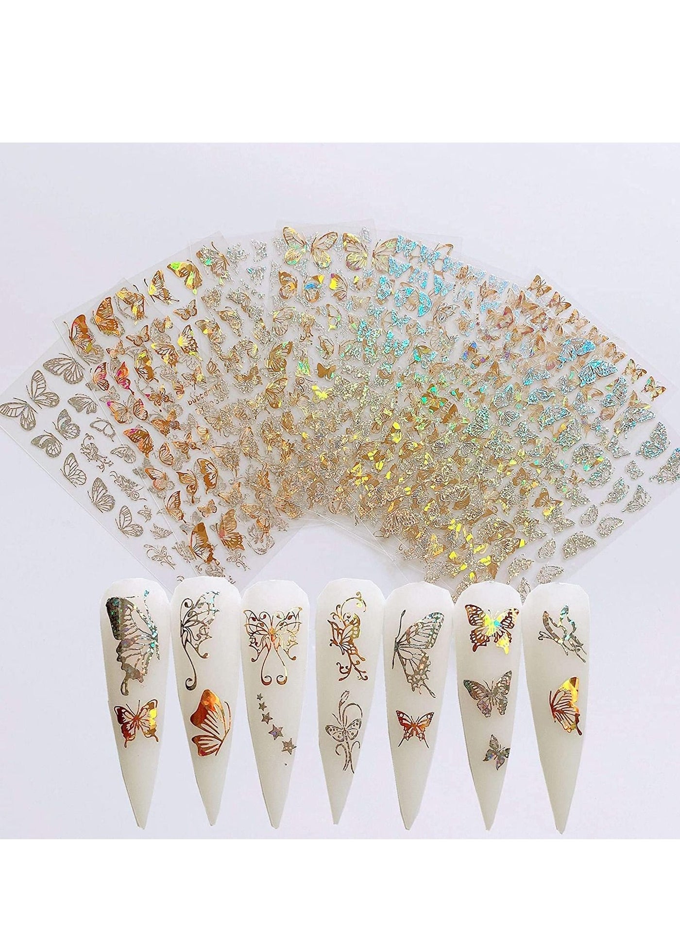 Nail Sticker Art Adhesive Different Laser Gold and Silver Color Butterfly Shapes Art Decoration for Fake Design and Salon Nails Accessories 8 Sheets