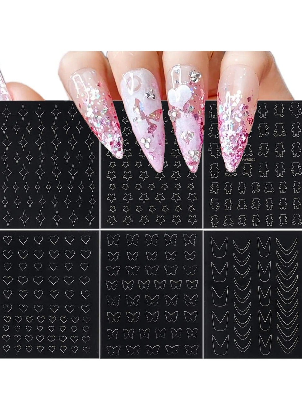 6 Sheets Hollow Out Nail Stencil Sticker for Nail Art Spray Paint Decals Star Butterfly Bear French Design Gel Polish Manicure Template