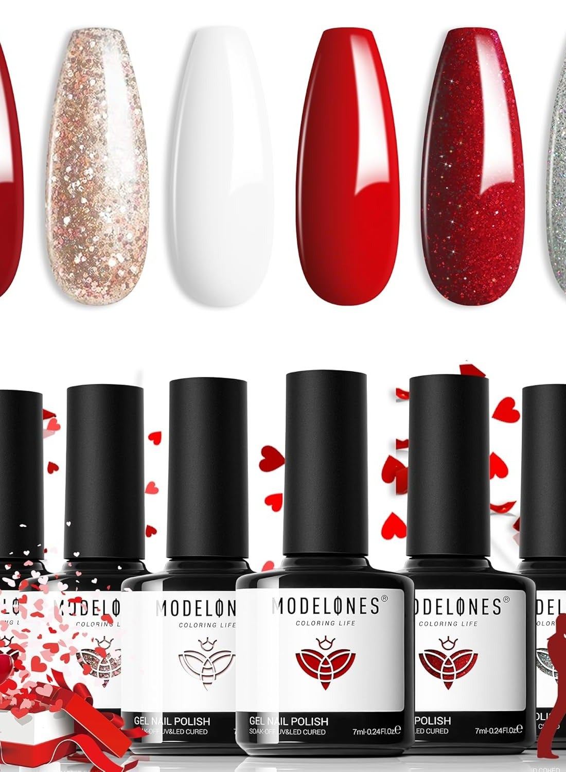 modelones Red Gel Nail Polish Set 6 Colors, White Glitter Sparkle Bright Burgundy Dark Rose Champagne Silver Candy Cane Nail Polish Kit Soak Off Nail Art Manicure Salon DIY Gift Women