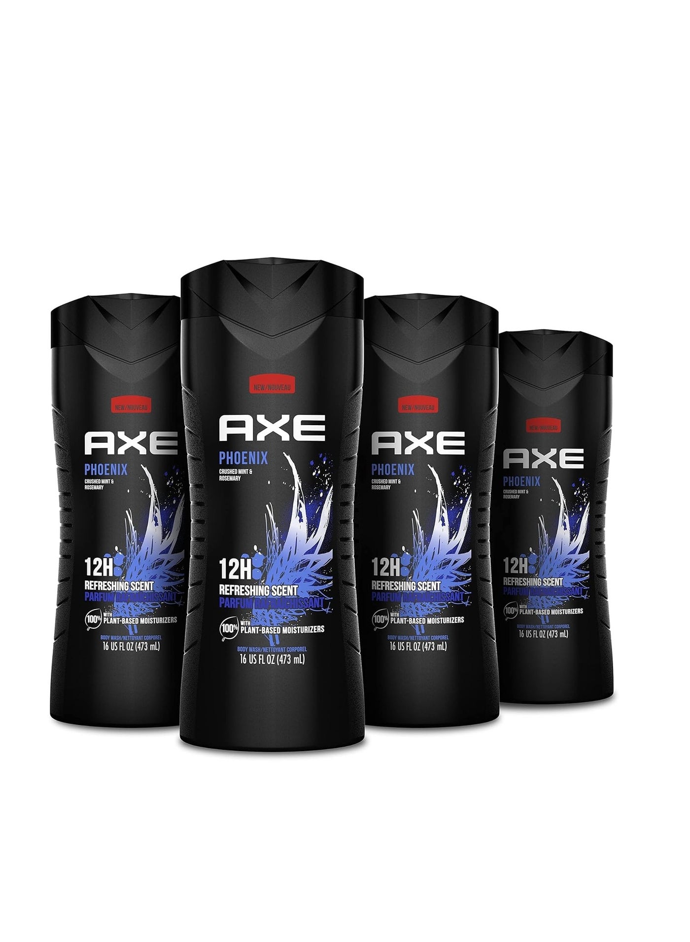 AXE Body Wash Phoenix 4 Count 12h Refreshing Scent Crushed Mint & Rosemary Men's Body Wash with 100% Plant-Based Moisturizers 16 oz