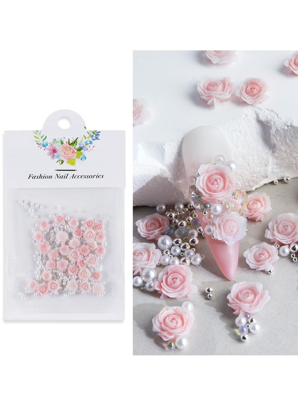 Gradient Pink Rose Flower 3D Nails Charms Rhinestone Decoration Mixed Faux Pearl Carms Nail Art Accessories Pack 30 PCS