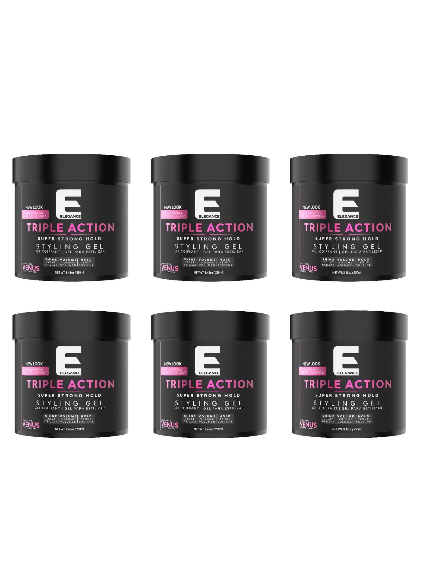 Elegance-E Series Venus Triple Action Styling Gel – 250ml – Pack of 6 | Super Strong Hold, Volume, Shine & Flake-Free Finish