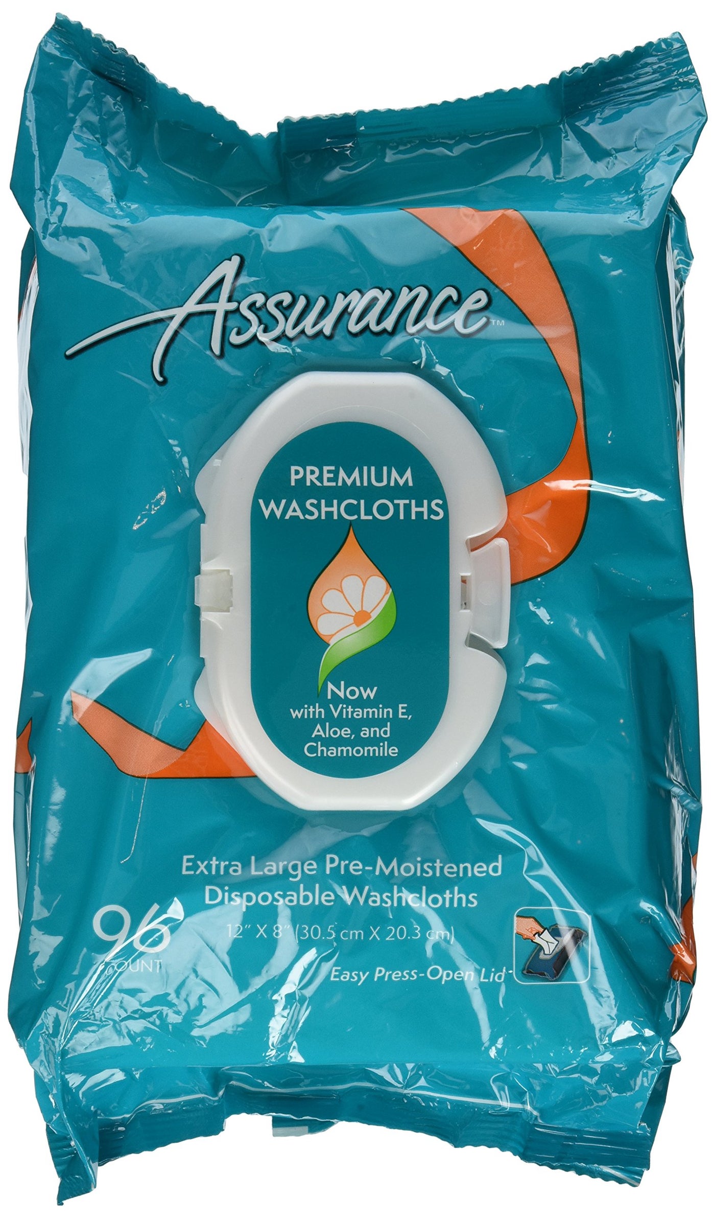 Assurance Premium Extra Large Pre-moistened Disposable Washcloths Easy Press-open Lid 96ct (2 Packs 192ct Total)