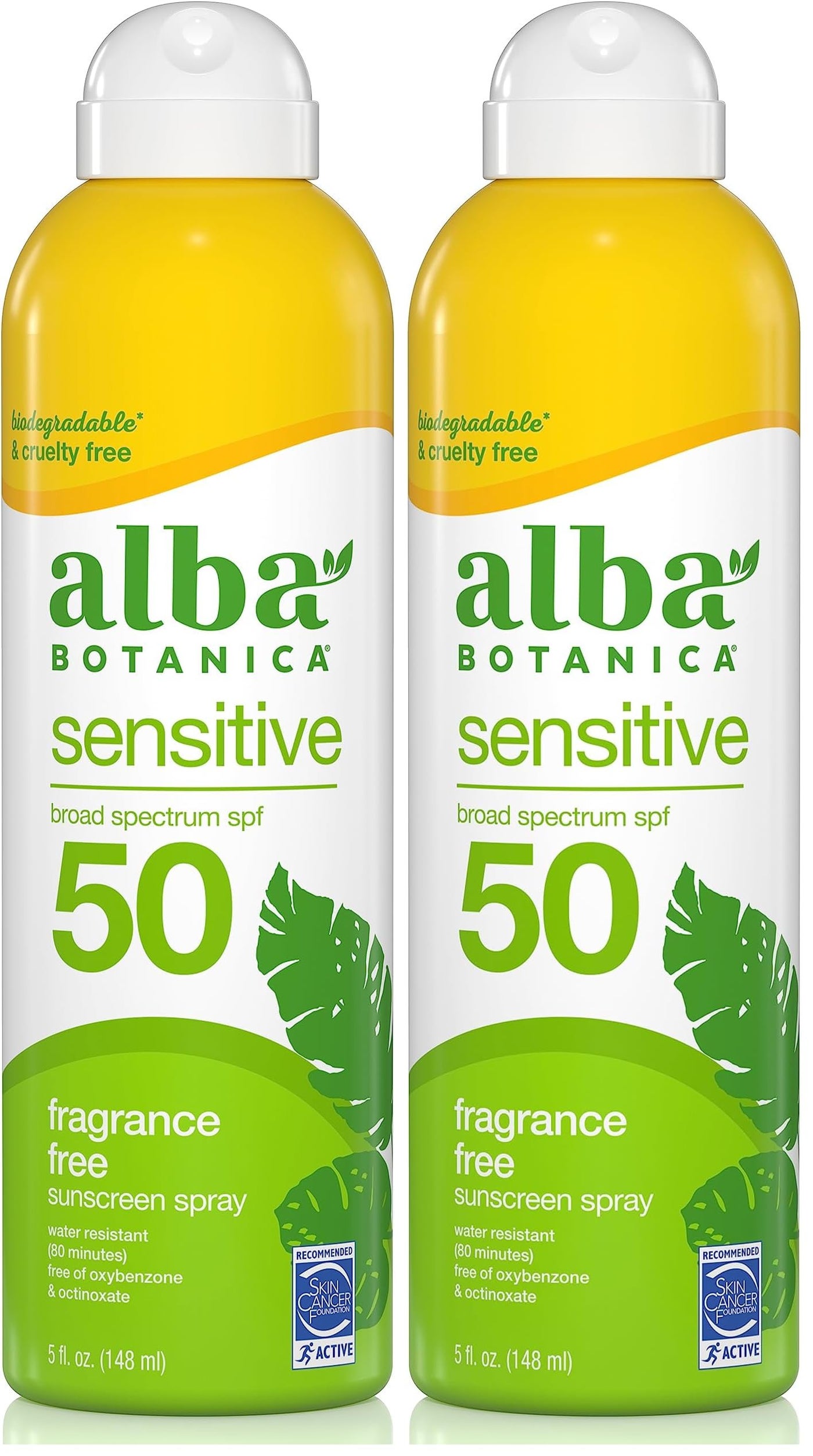 Alba Botanica Sensitive Sunscreen Spray for Face and Body, Fragrance-Free, Broad Spectrum SPF 50, Water Resistant, 5 fl. oz. Bottle (Pack of 2)