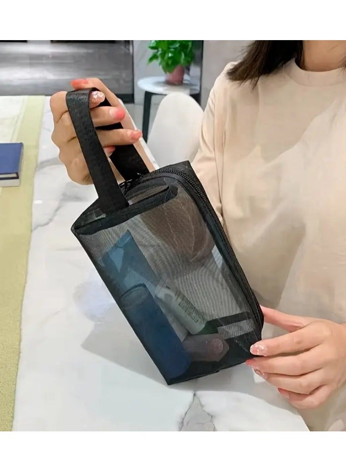 Stylish Black Nylon Mesh Travel Organizer - Lightweight, Zippered Toiletry Bag with Top Handle