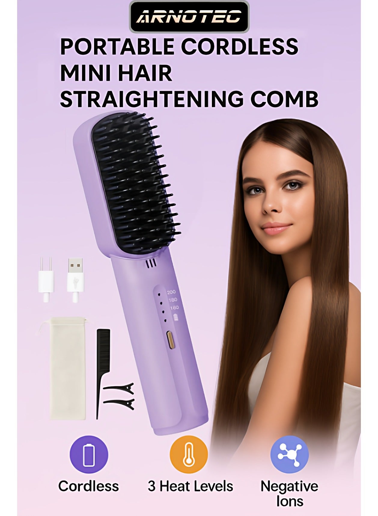 Portable Cordless Mini Hair Straightening Comb, Portable Negative Ion Hair Straightening Comb, Mini Dual-Purpose Curling Iron, 3-Speed Adjustment USB Rechargeable Hair Straightener Brush (Purple)