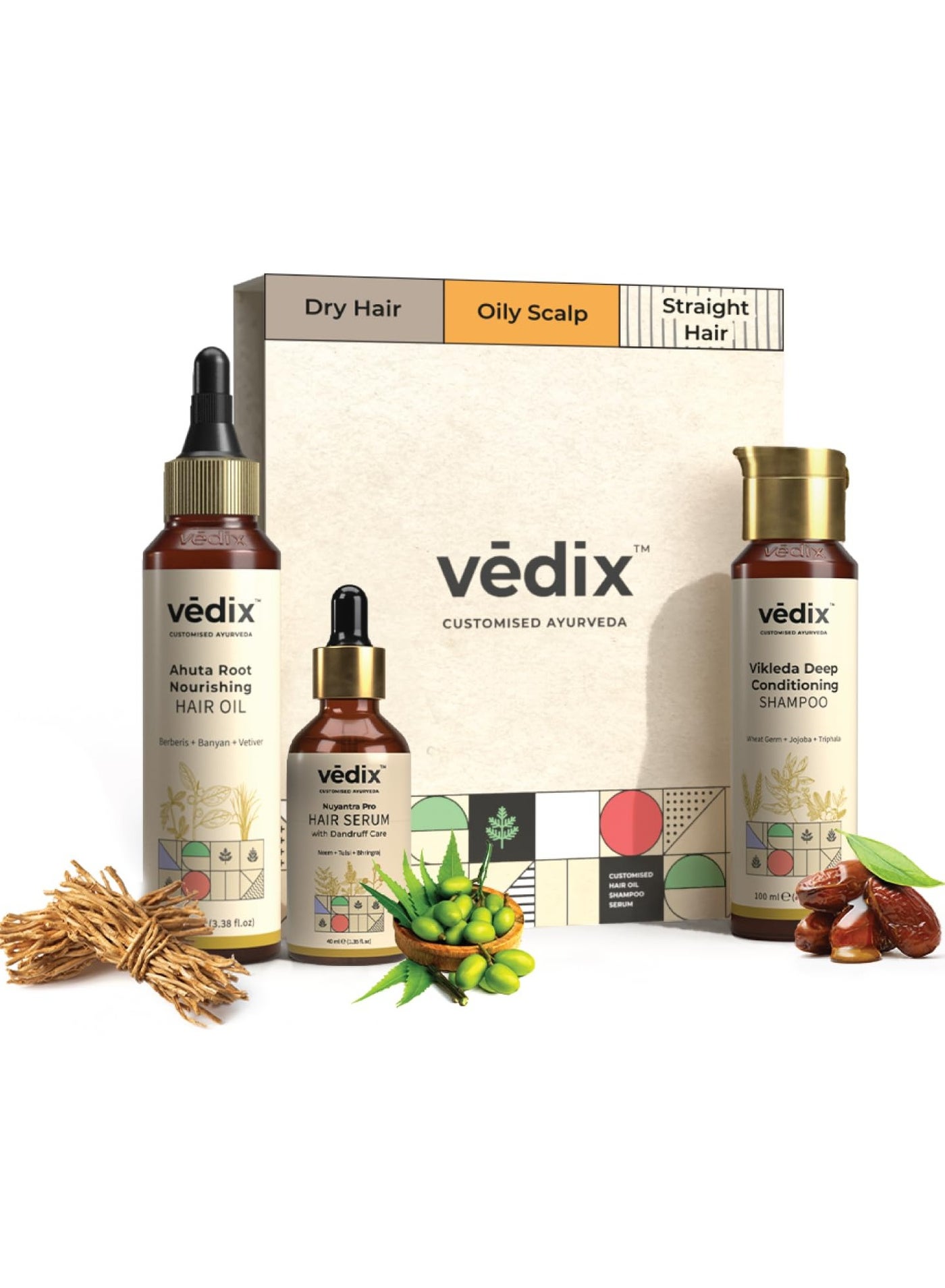 Vedix Customized Hair Fall Control Regimen for Dry Hair Oily Scalp 3 Product Kit Anti Hair Fall Oil Berberis + Banyan Anti-Hairfall Shampoo