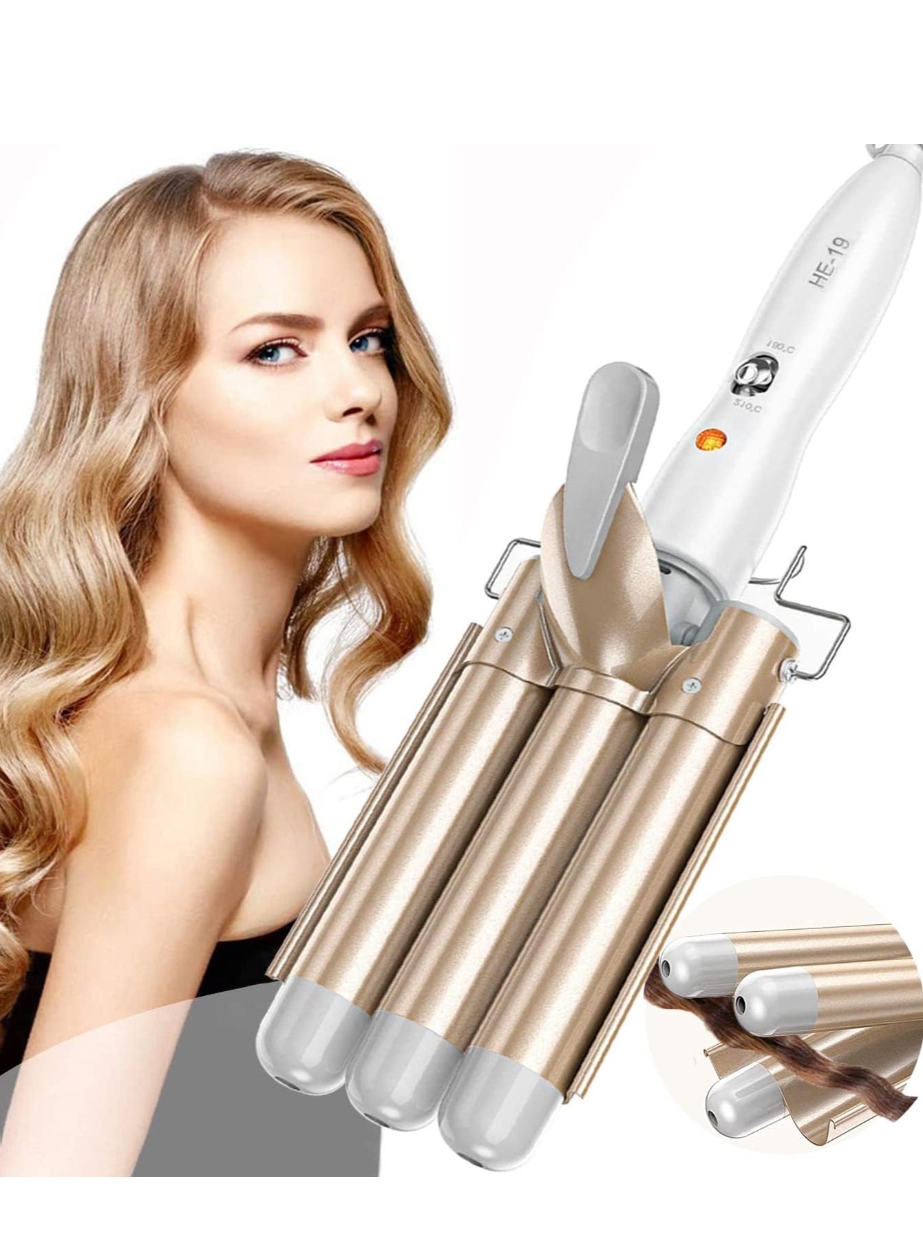 Three Barrel Hair Waver 25MM Big Wave Hair Curling Iron Wand with Two Speed Temperature Control, Ceramic Tourmaline Triple Barrels, Dual Voltage Crimp, Gold